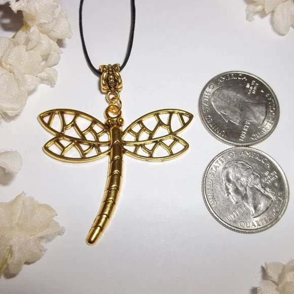 Large Gold Dragonfly Necklace Statement Gift Idea Big Adjustable Length NWT 7282 - Picture 2 of 11